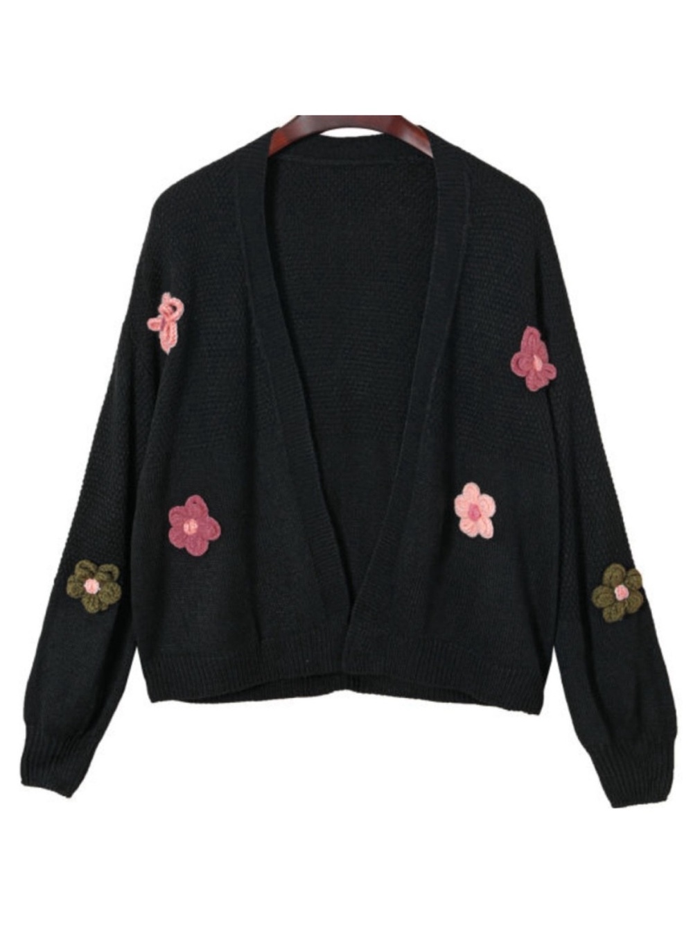 Pink Green Floral Crochet Appliqué Drop Shoulder Black Cardigan Sweater Medium - Picture 3 of 11